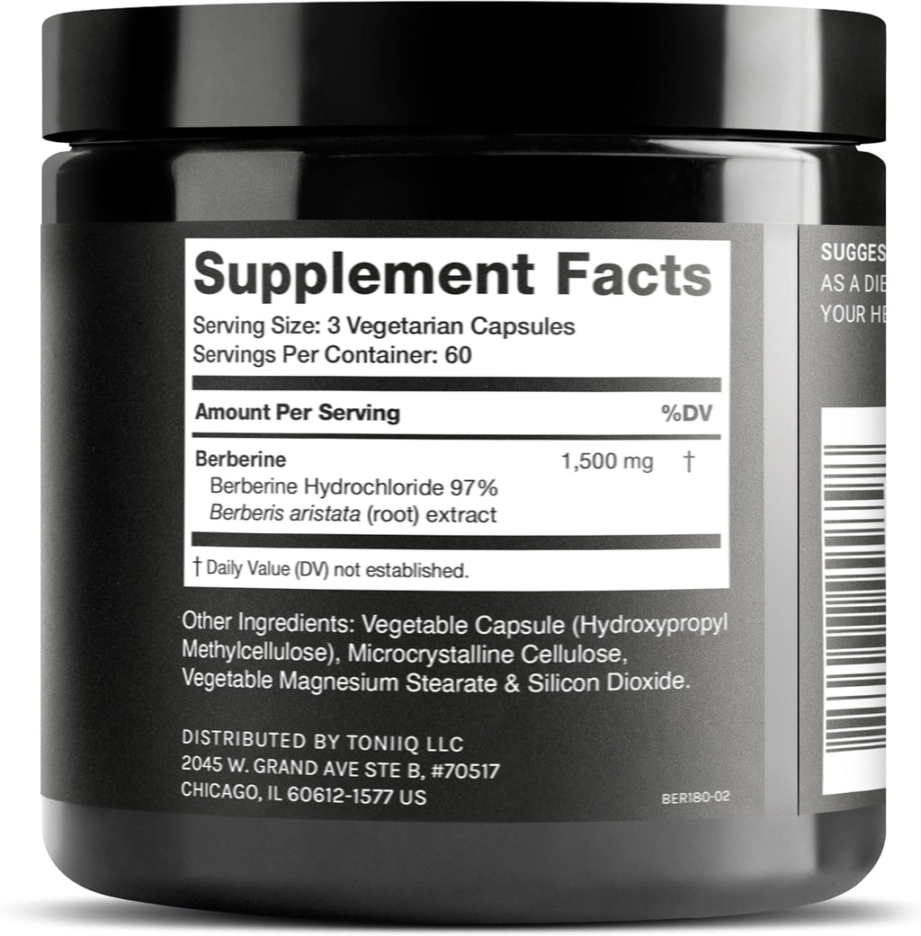 Toniiq Berberina de ultra alta resistencia de 1500 mg de suplemento de berberina del Himalaya - 97% altamente purificada y biodisponible - Fórmula concentrada cosechada silvestre HCL -3